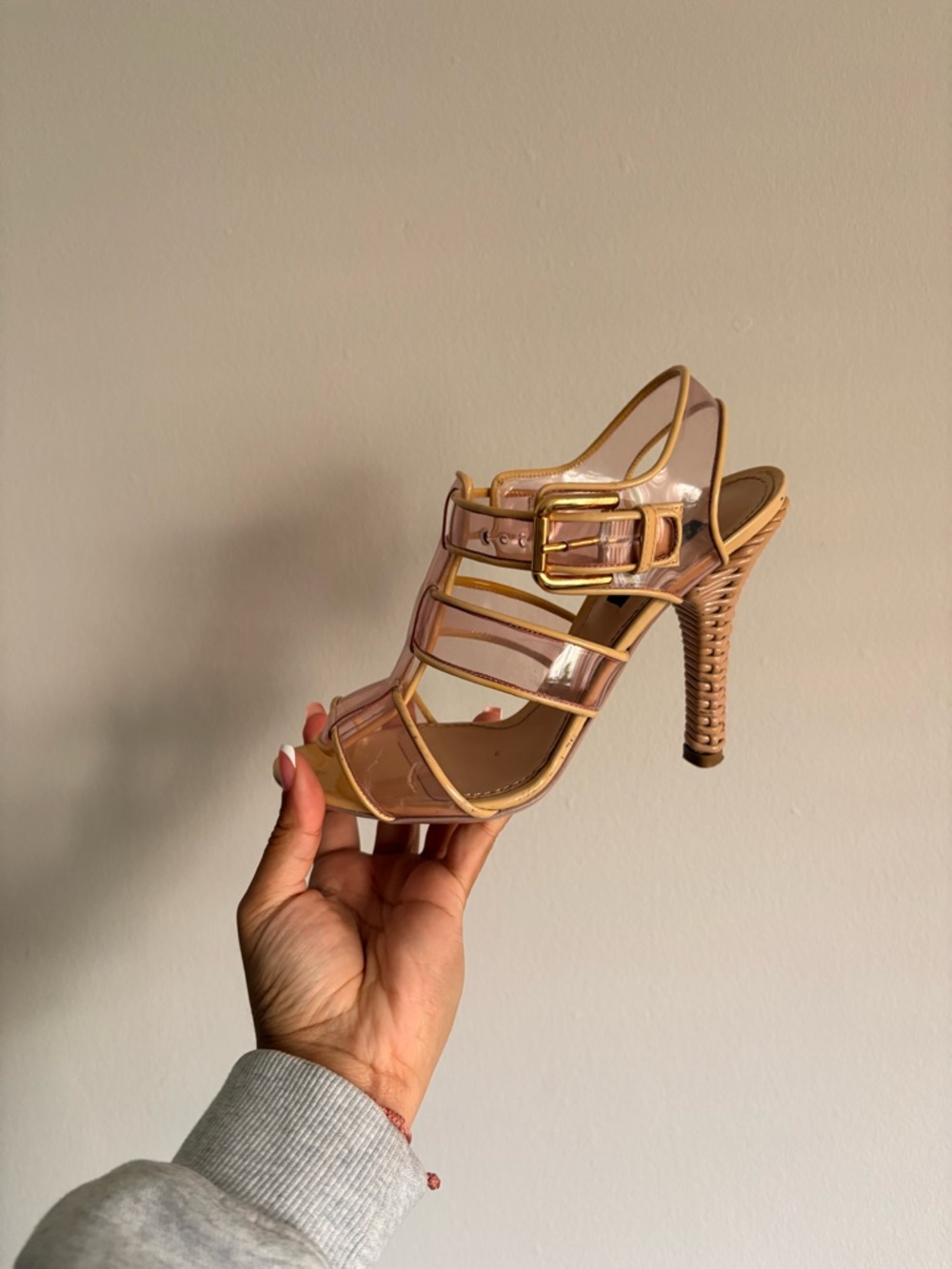 Dolce & Gabbana Baby Pink Patent Strappy Stiletto Sandal with Gold Buckle